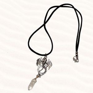 Hand Crafted Quartz Crystal Dragon Necklace Vegan Suede Microfiber Wire Wrapped